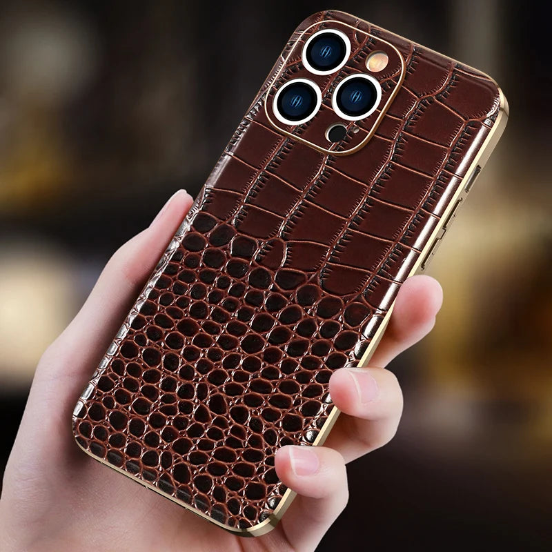 Luxury Plating Crocodile Pattern Genuine Leather iPhone Case