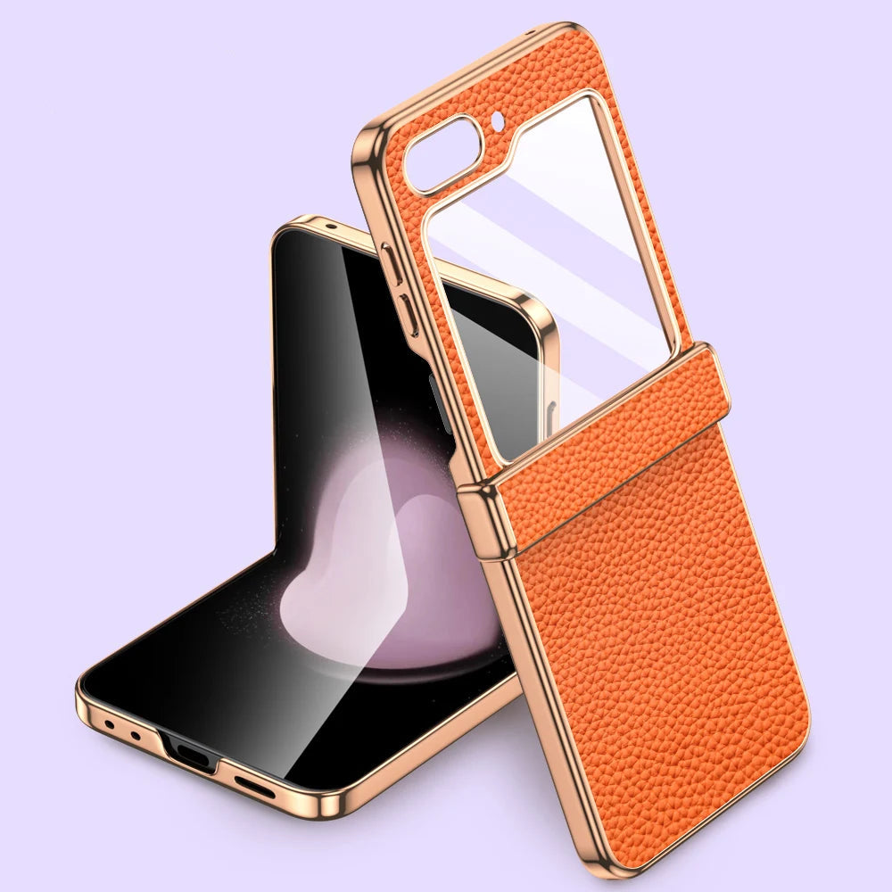 Luxury Plating Cowhide Leather Phone Case for Samsung Galaxy Z Flip