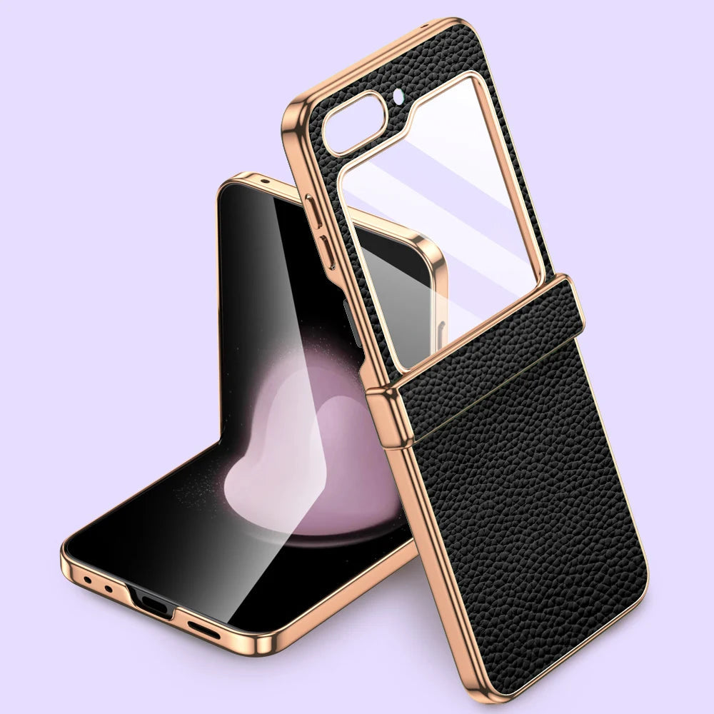 Luxury Plating Cowhide Leather Phone Case for Samsung Galaxy Z Flip