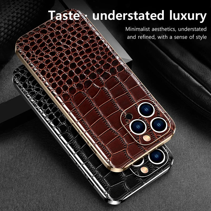 Luxury Plating Crocodile Pattern Genuine Leather iPhone Case