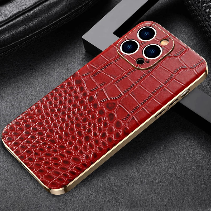 Luxury Plating Crocodile Pattern Genuine Leather iPhone Case