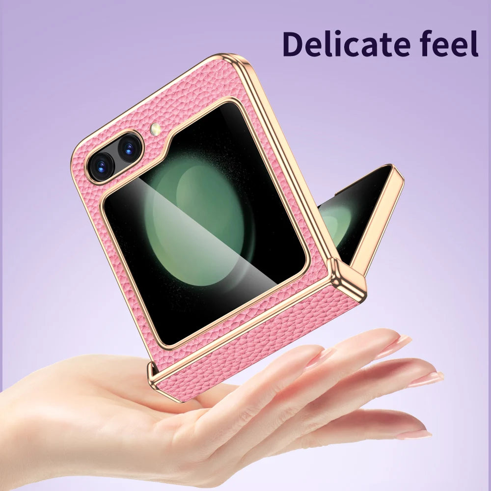 Luxury Plating Cowhide Leather Phone Case for Samsung Galaxy Z Flip