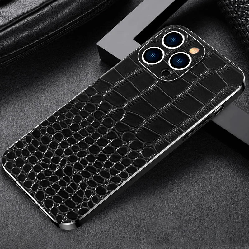 Luxury Plating Crocodile Pattern Genuine Leather iPhone Case