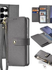 LAWA Detachable Magnetic Leather Wallet Case For Galaxy S25 Series Flip Cover Gray For S25 Ultra by The Case Factory