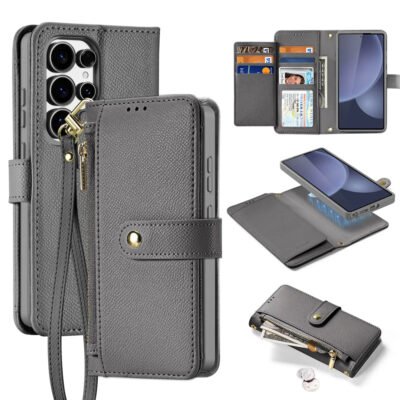 LAWA Detachable Magnetic Leather Wallet Case For Galaxy S25 Series Flip Cover Gray For S25 Ultra by The Case Factory