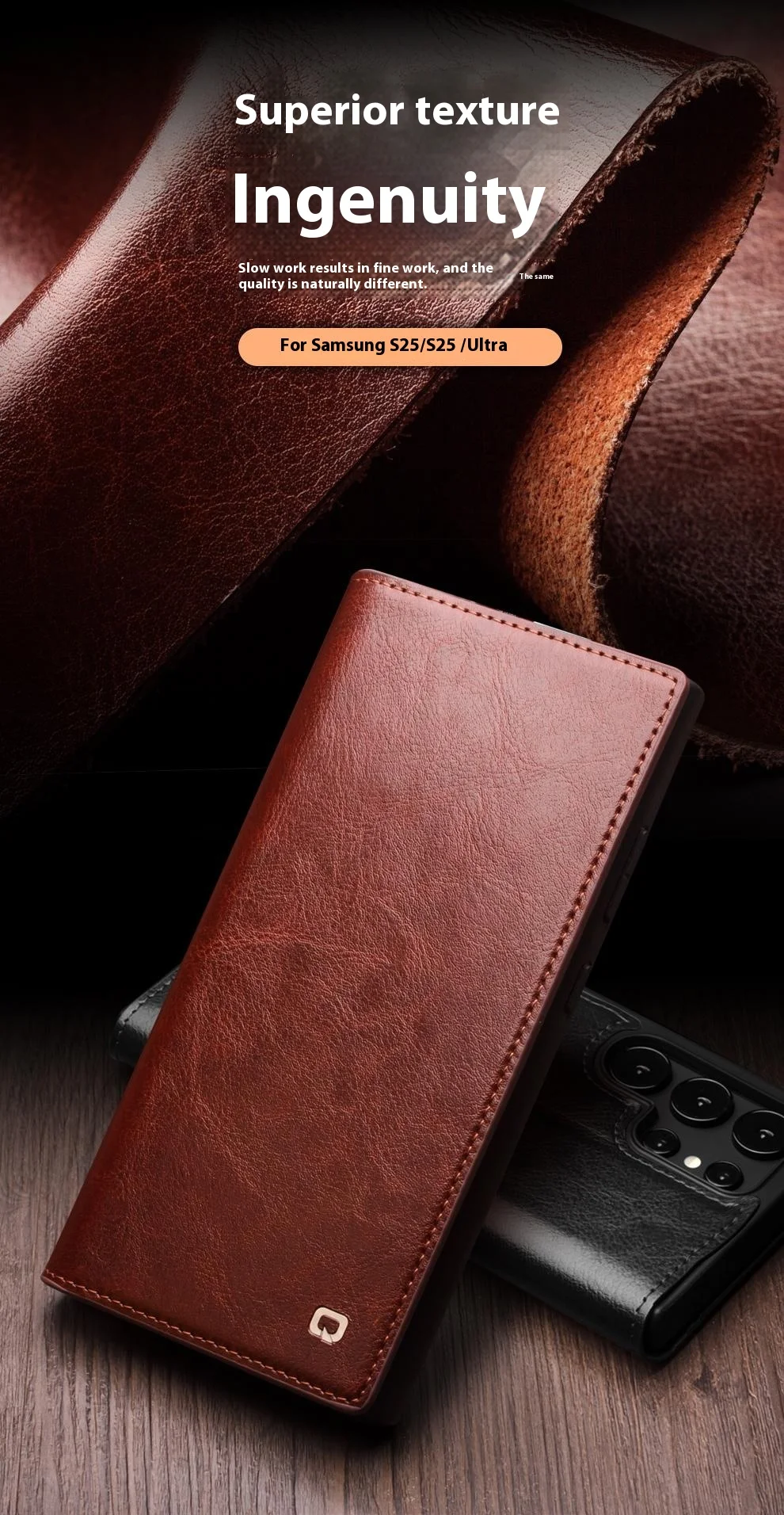 QIALINO For Samsung Galaxy S25 Case Wallet Flip Stand Phone Cover Genuine Cow Leather - Black 1