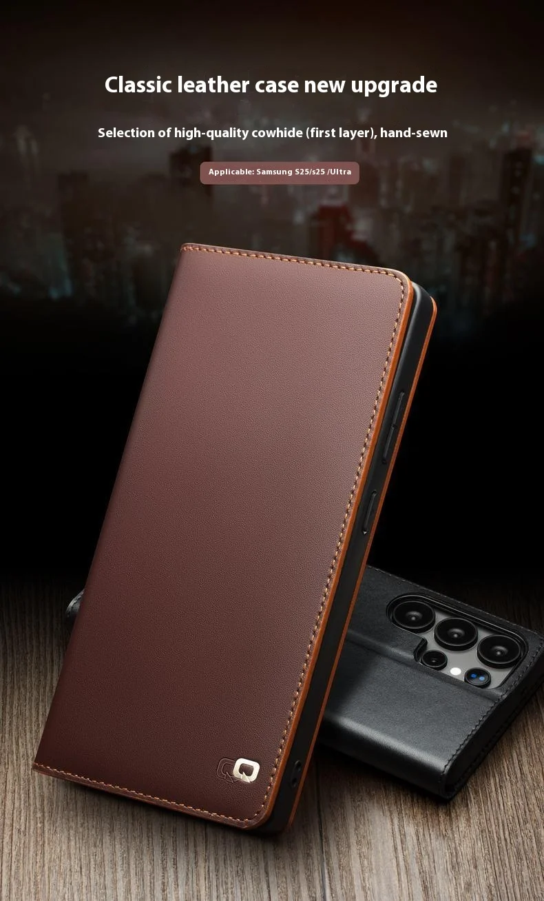 QIALINO For Samsung Galaxy S25 Ultra Case Wallet Flip Stand Phone Cover Genuine Cow Leather - Dark Brown 1