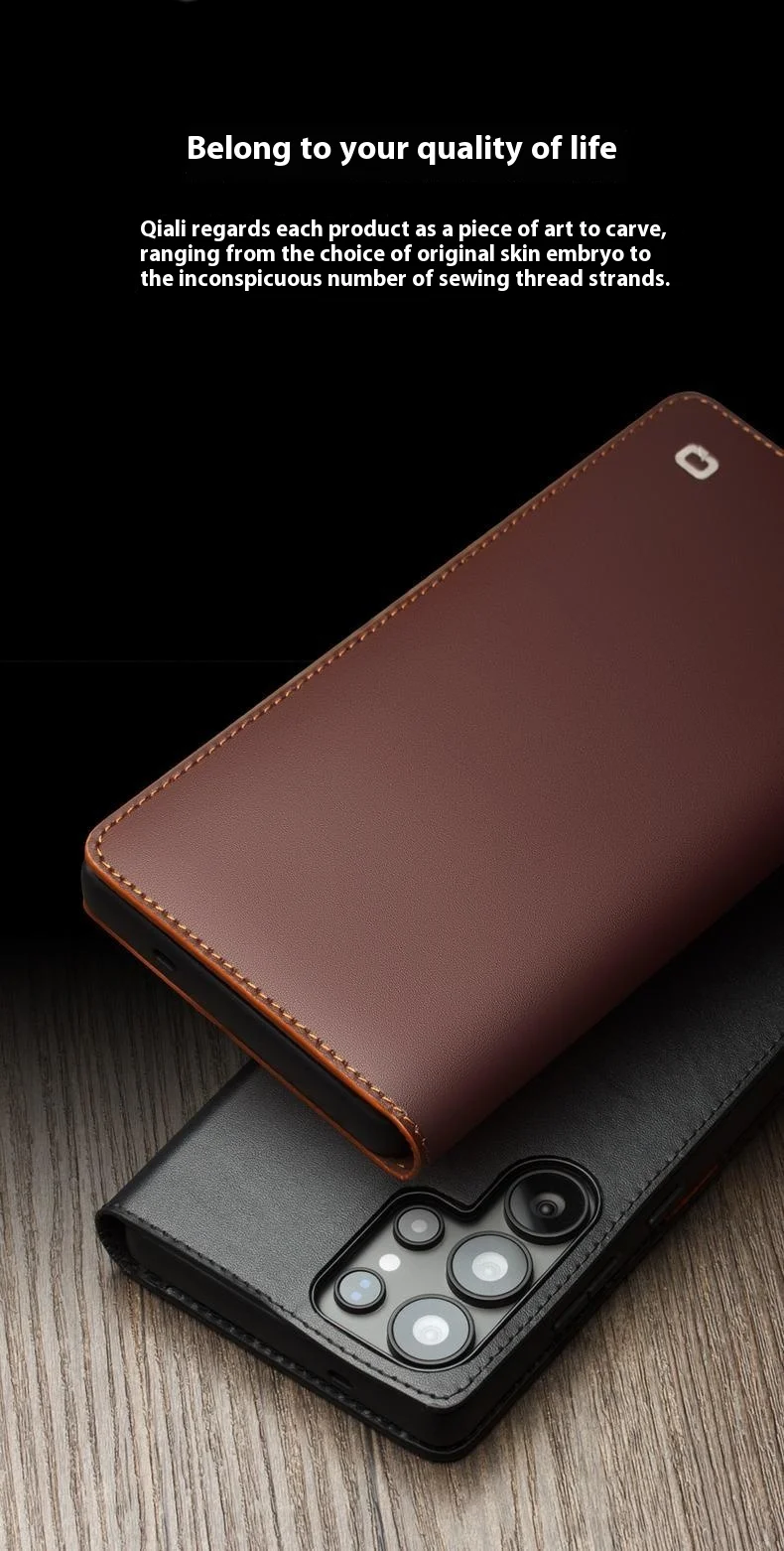 QIALINO For Samsung Galaxy S25 Ultra Case Wallet Flip Stand Phone Cover Genuine Cow Leather - Dark Brown 4