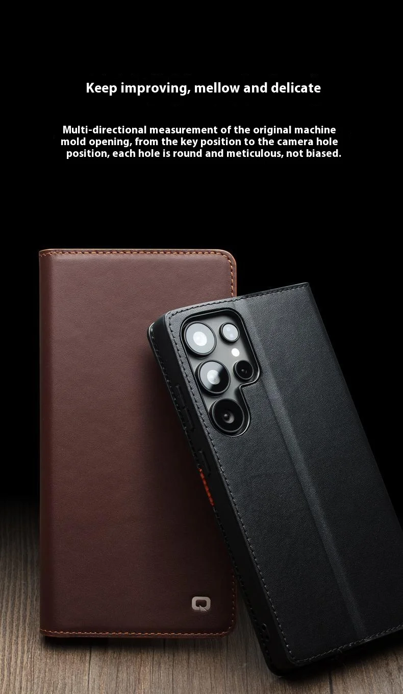QIALINO For Samsung Galaxy S25 Ultra Case Wallet Flip Stand Phone Cover Genuine Cow Leather - Dark Brown 7