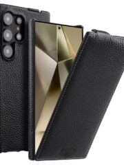 Melkco Bovine Leather Flip Case For Samsung Galaxy S22/S23/24/S25 Series Vertical Cover Black by The Case Factory