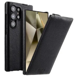 Melkco Bovine Leather Flip Case For Samsung Galaxy S22/S23/24/S25 Series Vertical Cover Black by The Case Factory