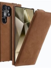 Melkco Bovine Leather Flip Case For Samsung Galaxy S22/S23/24/S25 Series Vertical Cover Matte Brown by The Case Factory