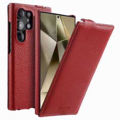 Melkco Bovine Leather Flip Case For Samsung Galaxy S22/S23/24/S25 Series Vertical Cover Red by The Case Factory
