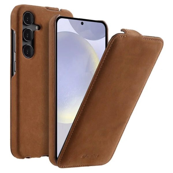 Melkco Bovine Leather Flip Case For Samsung Galaxy S22/S23/24/S25 Series Vertical Cover Matte Brown by The Case Factory