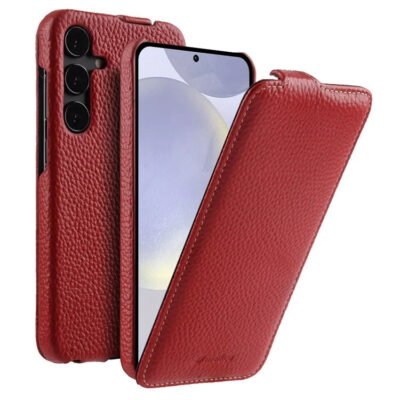 Melkco Bovine Leather Flip Case For Samsung Galaxy S22/S23/24/S25 Series Vertical Cover Red by The Case Factory