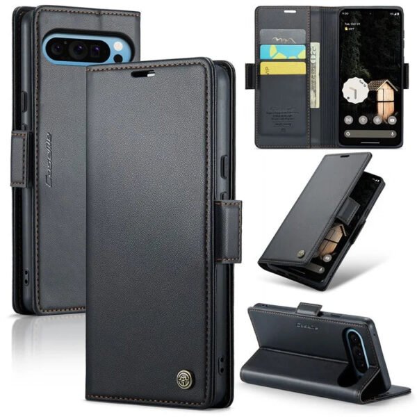 RFID Blocking Card Holder Leather Flip Case For Google Pixel Black by The Case Factory