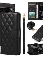 Shoulder & Wrist Strap Rhombus Leather Wallet Case For Google Pixel Black by The Case Factory