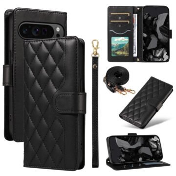 Shoulder & Wrist Strap Rhombus Leather Wallet Case For Google Pixel Black by The Case Factory