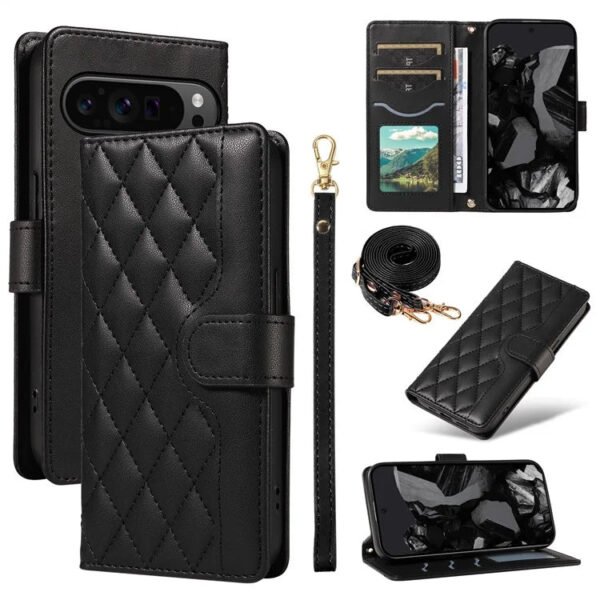 Shoulder & Wrist Strap Rhombus Leather Wallet Case For Google Pixel Black by The Case Factory