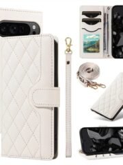 Shoulder & Wrist Strap Rhombus Leather Wallet Case For Google Pixel White by The Case Factory