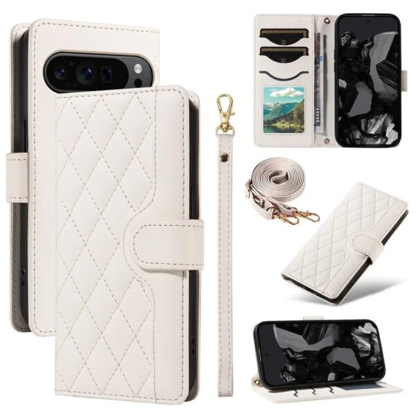 Shoulder & Wrist Strap Rhombus Leather Wallet Case For Google Pixel White by The Case Factory
