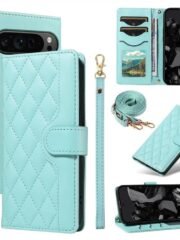 Shoulder & Wrist Strap Rhombus Leather Wallet Case For Google Pixel Green by The Case Factory