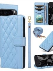 Shoulder & Wrist Strap Rhombus Leather Wallet Case For Google Pixel Blue by The Case Factory