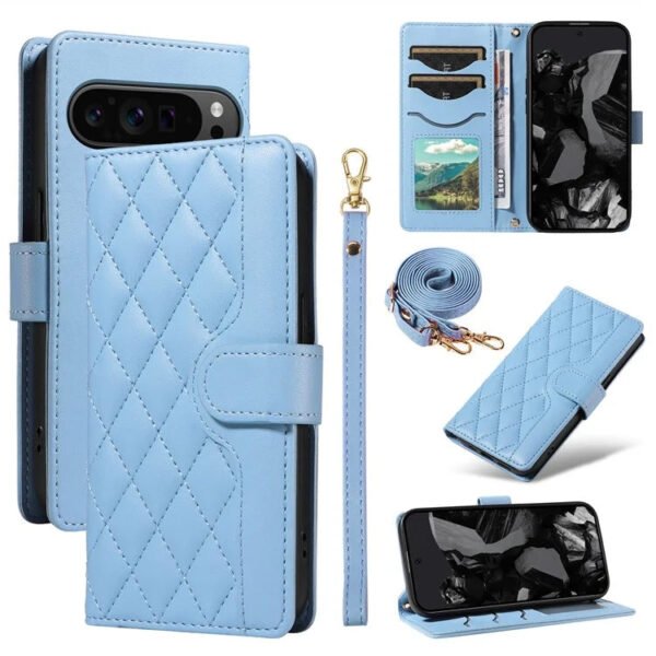 Shoulder & Wrist Strap Rhombus Leather Wallet Case For Google Pixel Blue by The Case Factory