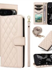 Shoulder & Wrist Strap Rhombus Leather Wallet Case For Google Pixel Apricot by The Case Factory