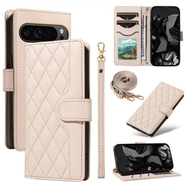 Shoulder & Wrist Strap Rhombus Leather Wallet Case For Google Pixel Apricot by The Case Factory
