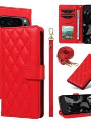 Shoulder & Wrist Strap Rhombus Leather Wallet Case For Google Pixel Red by The Case Factory