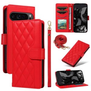 Shoulder & Wrist Strap Rhombus Leather Wallet Case For Google Pixel Red by The Case Factory