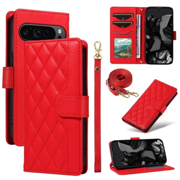 Shoulder & Wrist Strap Rhombus Leather Wallet Case For Google Pixel Red by The Case Factory
