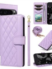 Shoulder & Wrist Strap Rhombus Leather Wallet Case For Google Pixel Purple by The Case Factory