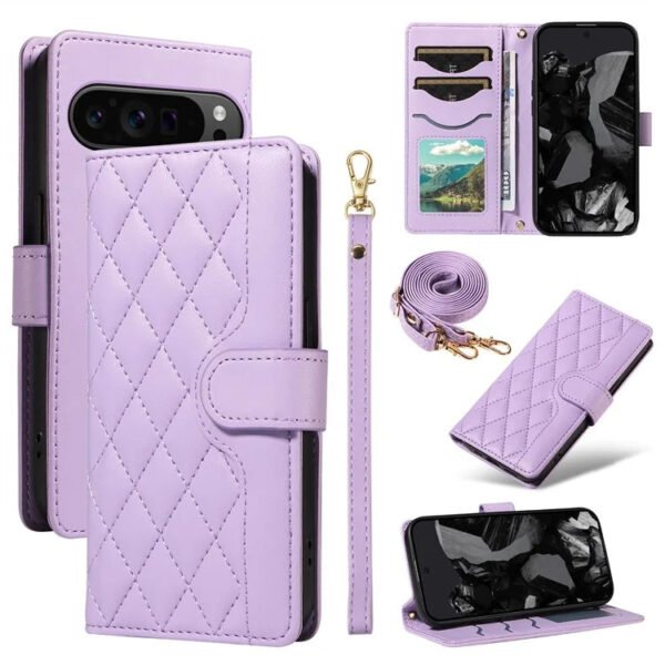 Shoulder & Wrist Strap Rhombus Leather Wallet Case For Google Pixel Purple by The Case Factory