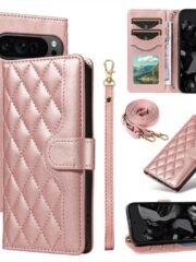 Shoulder & Wrist Strap Rhombus Leather Wallet Case For Google Pixel Rose Gold by The Case Factory