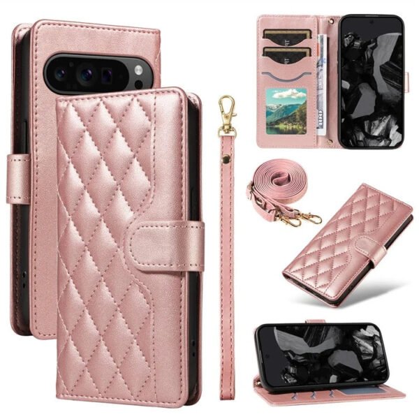 Shoulder & Wrist Strap Rhombus Leather Wallet Case For Google Pixel Rose Gold by The Case Factory