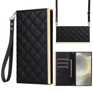 Crossbody Shoulder Strap Leather Wallet Case For Samsung Galaxy S25 S24 S23 S22 Series Black by The Case Factory
