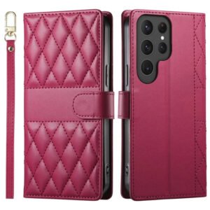 Crossbody Swappable Strap Rhombus Leather Wallet Case For Samsung Galaxy S25 Series Red by The Case Factory