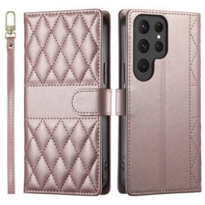 Crossbody Swappable Strap Rhombus Leather Wallet Case For Samsung Galaxy S25 Series Rose Gold by The Case Factory