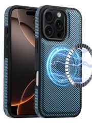 Denior Carbon Fiber Texture Leather MagSafe Phone Case, For iPhone 16 Pro Max, For iPhone 16 Pro, For iPhone 16 Plus, For iPhone 16 For iPhone 16 Pro Max Blue by The Case Factory