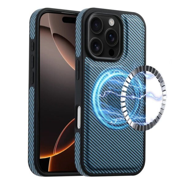 Denior Carbon Fiber Texture Leather MagSafe Phone Case, For iPhone 16 Pro Max, For iPhone 16 Pro, For iPhone 16 Plus, For iPhone 16 For iPhone 16 Pro Max Blue by The Case Factory