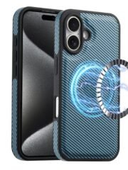 Denior Carbon Fiber Texture Leather MagSafe Phone Case, For iPhone 16 Pro Max, For iPhone 16 Pro, For iPhone 16 Plus, For iPhone 16 For iPhone 16 Plus Blue by The Case Factory