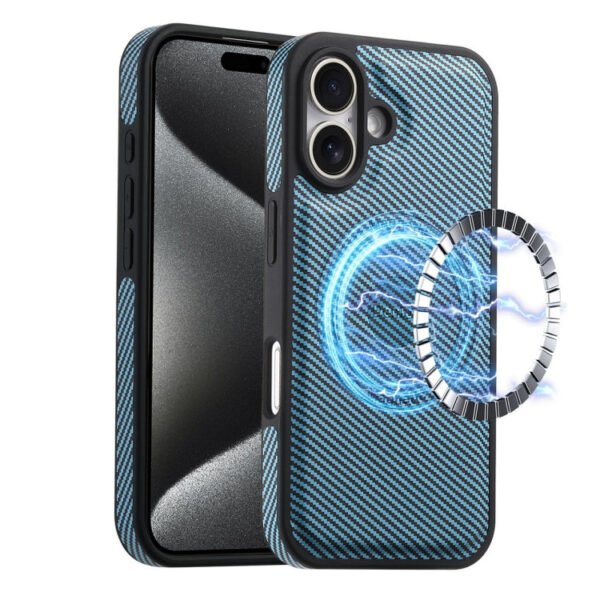 Denior Carbon Fiber Texture Leather MagSafe Phone Case, For iPhone 16 Pro Max, For iPhone 16 Pro, For iPhone 16 Plus, For iPhone 16 For iPhone 16 Blue by The Case Factory