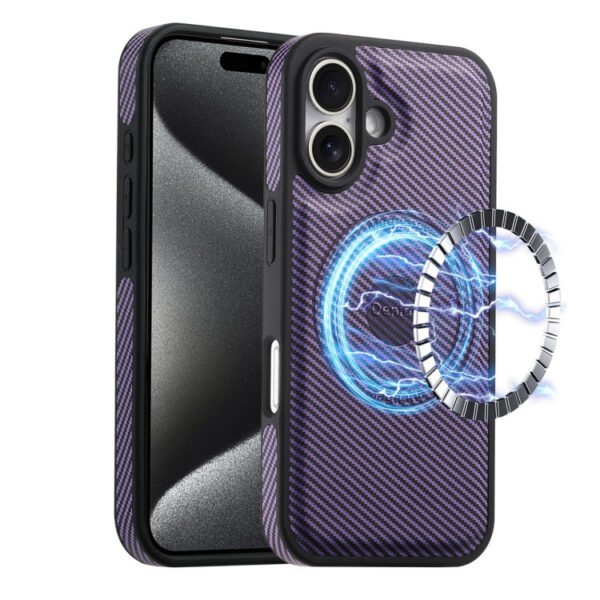Denior Carbon Fiber Texture Leather MagSafe Phone Case, For iPhone 16 Pro Max, For iPhone 16 Pro, For iPhone 16 Plus, For iPhone 16 For iPhone 16 Purple by The Case Factory