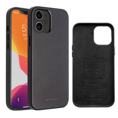 QIALINO for iPhone 12 Mini Case Cowhide Leather Coated Anti-scratch Protective Phone Cover Black iPhone 12 Mini by The Case Factory