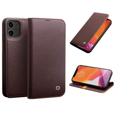 QIALINO For iPhone 12 Pro | iPhone 12 Classic Cowhide Leather Case Wallet Stand Phone Cover Brown by The Case Factory