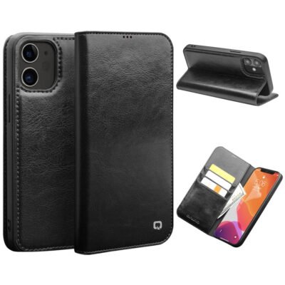 QIALINO For iPhone 12 Mini Genuine Cowhide Leather Case Wallet Stand Phone Cover Black iPhone 12 Mini by The Case Factory