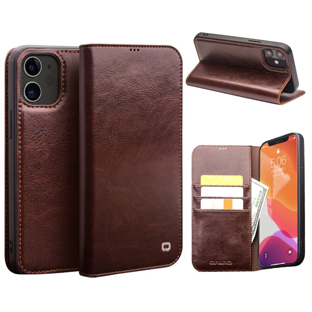 QIALINO For iPhone 12 | iPhone 12 Pro Case Genuine Cow Leather Wallet Phone Cover Brown by The Case Factory