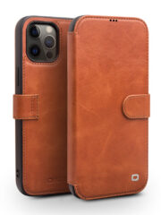 QIALINO For iPhone 12 Pro Max Cowhide Leather Case Wallet Stand Magnetic Clasp Phone Cover Light Brown iPhone 12 Pro Max by The Case Factory